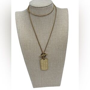Michael Kors Gold Charm Mk Monogram rhinestone Dog Tag Pendant toggle Necklace